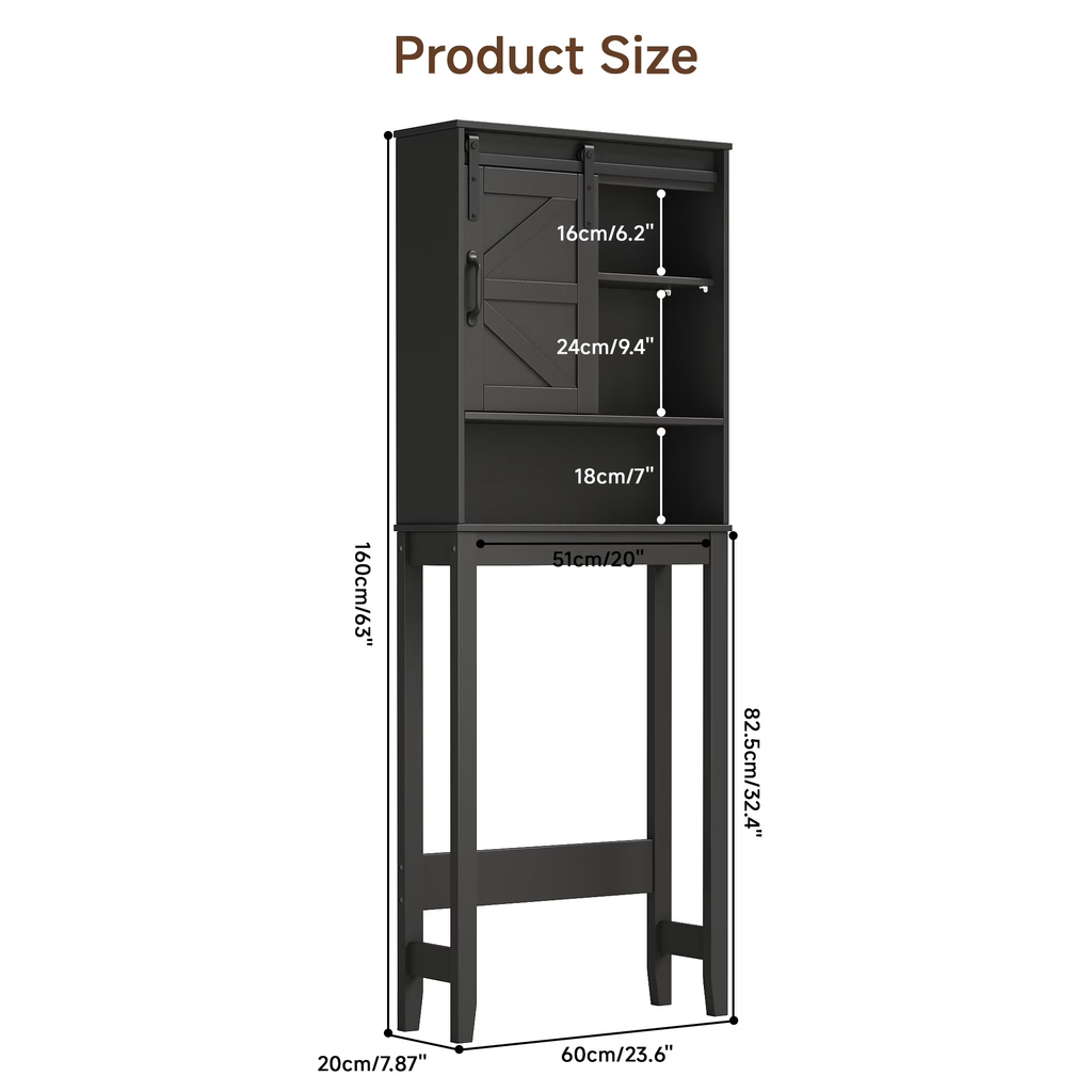 Over The Toilet Storage Cabinet Bathroom Shelves Organizer Space Saver Freestanding Bathroom Shelf with Doors Anti-Tip Device Adjustable Shelf(Black)