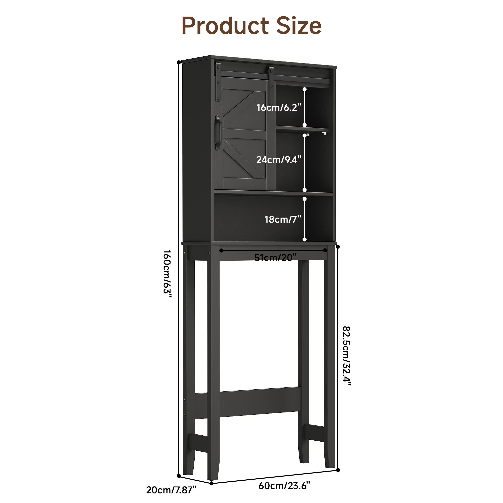 Over The Toilet Storage Cabinet Bathroom Shelves Organizer Space Saver Freestanding Bathroom Shelf with Doors Anti-Tip Device Adjustable Shelf(Black)