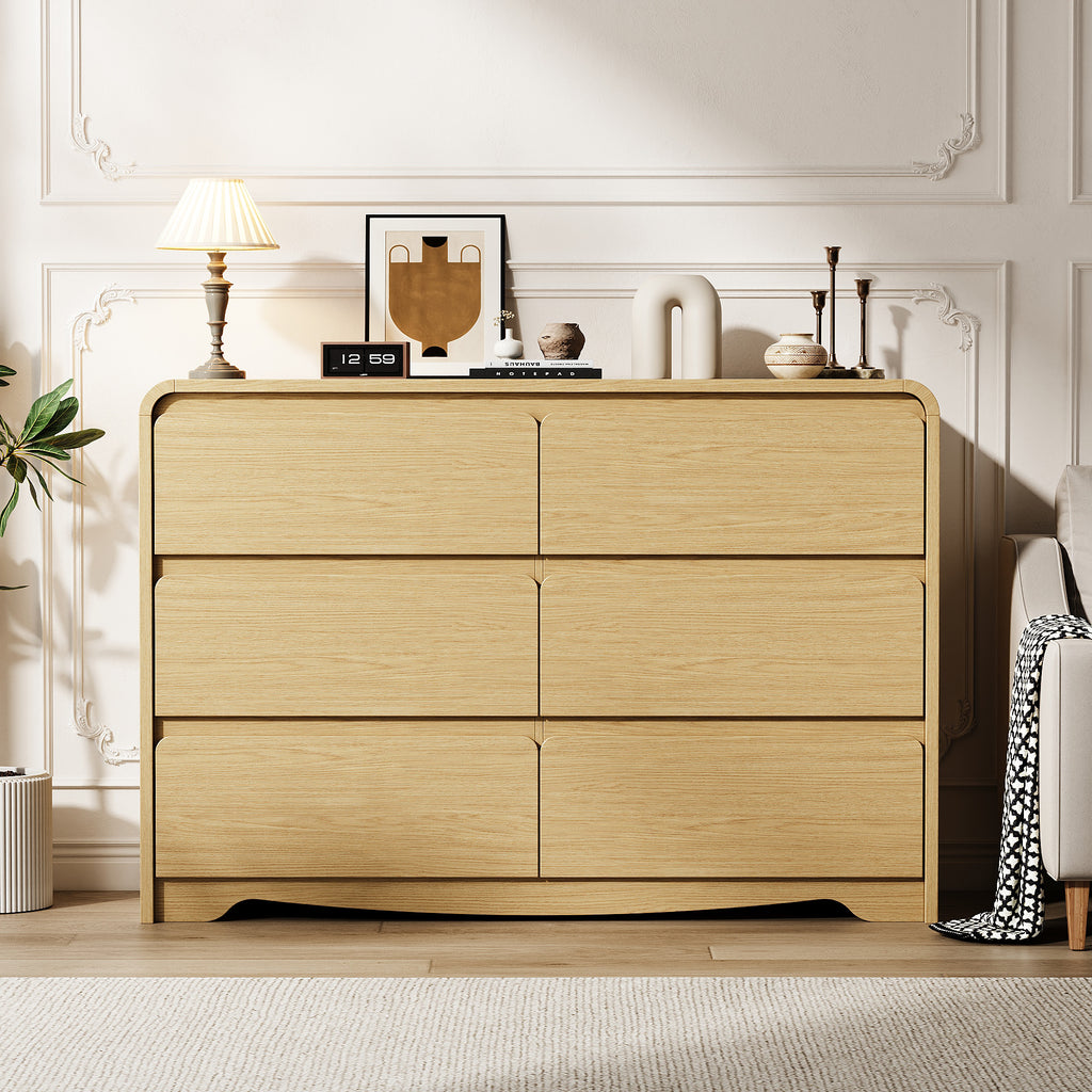 Modern 6 Drawers Dresser for Bedroom, 47.2" Wide Wood Dresser, Curved Dresser, Closet Storage Organize for Bedroom, Living Room, Hallway, Natural Oak