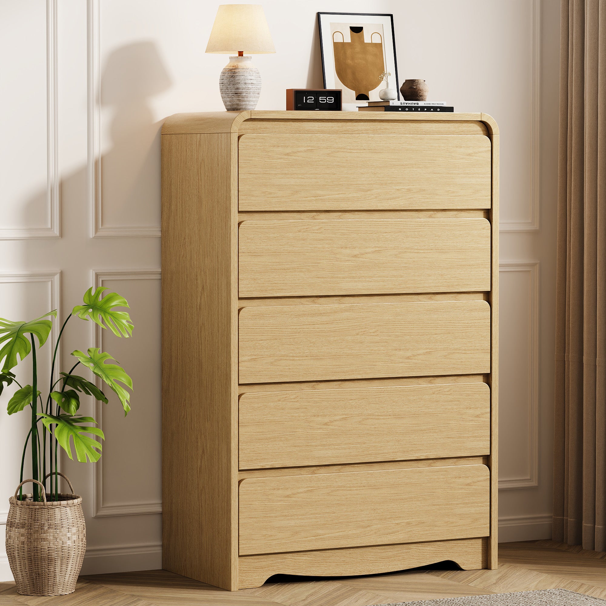 Modern 5 Drawers Dresser, 45.9" Tall Chests of Drawers with Curved Edge, Wood Closet Storage Organizer for Bedroom, Living Room, Hallway, Natural Oak