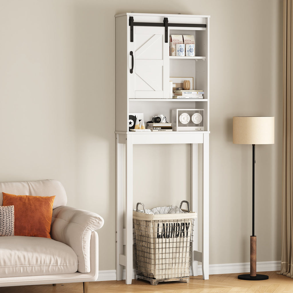 Over The Toilet Storage Cabinet Bathroom Shelves Organizer Space Saver Freestanding Bathroom Shelf with Doors Anti-Tip Device Adjustable Shelf(White)