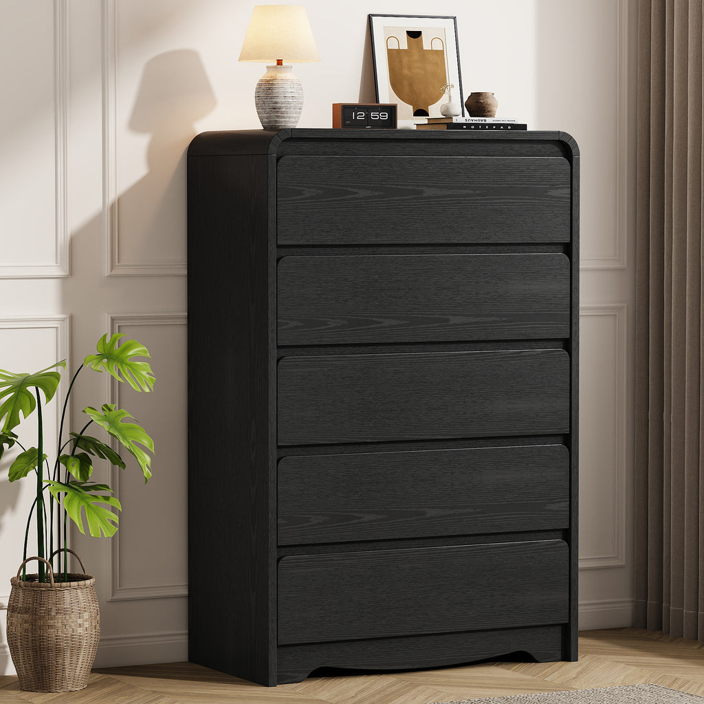 Modern 5 Drawers Dresser, 45.9" Tall Chests of Drawers with Curved Edge, Wood Closet Storage Organizer for Bedroom, Living Room, Hallway, Black
