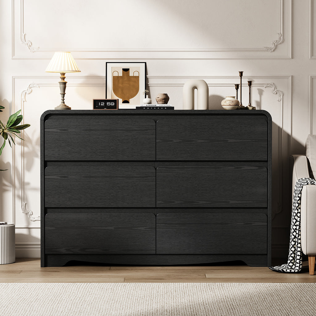 Modern 6 Drawers Dresser for Bedroom, 47.2" Wide Wood Dresser, Curved Dresser, Closet Storage Organize for Bedroom, Living Room, Hallway, Black