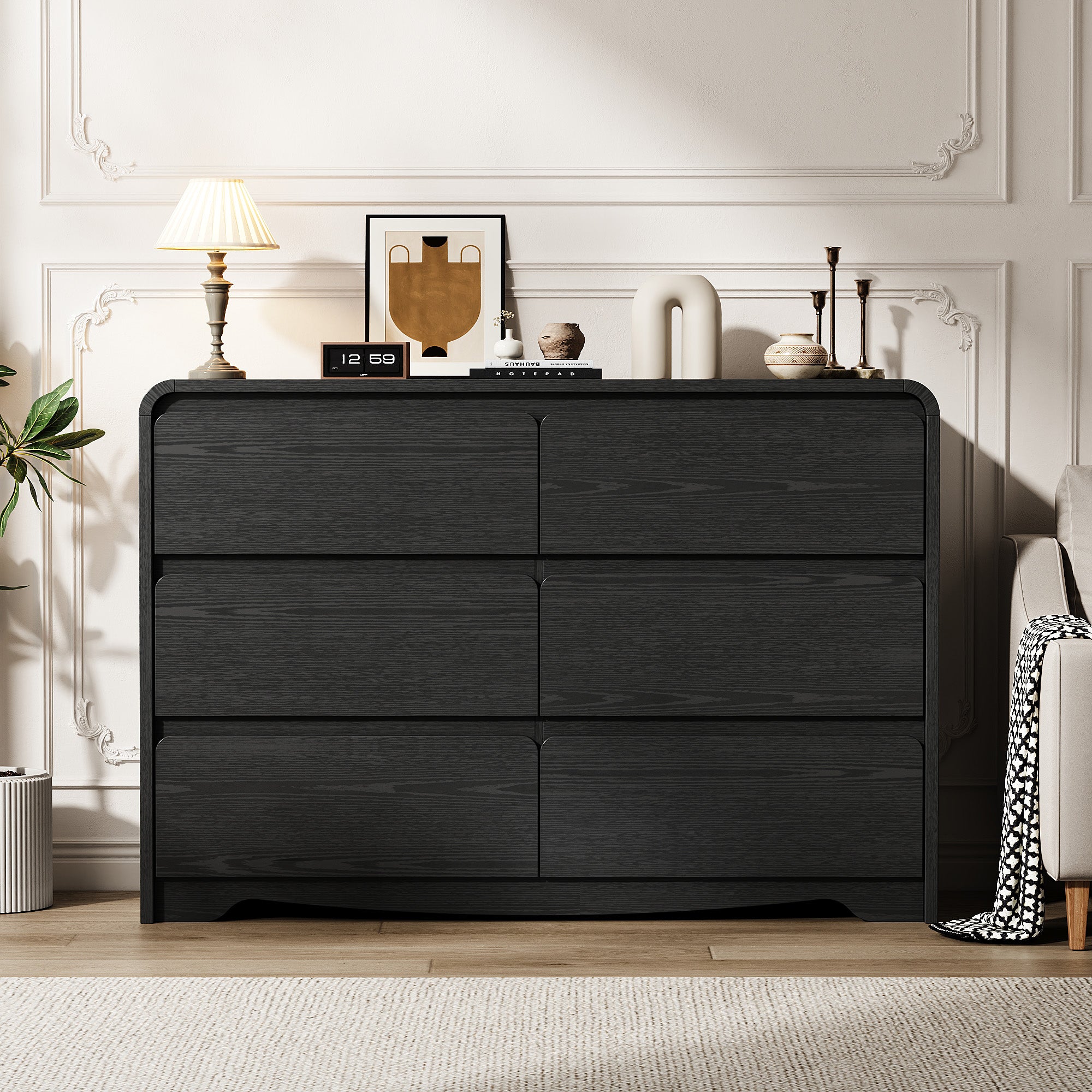 Modern 6 Drawers Dresser for Bedroom, 47.2" Wide Wood Dresser, Curved Dresser, Closet Storage Organize for Bedroom, Living Room, Hallway, Black