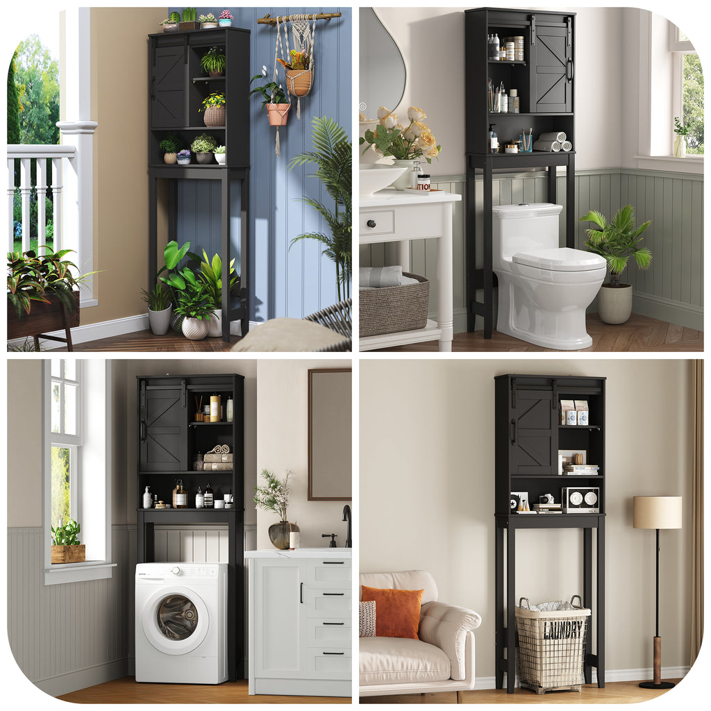 Over The Toilet Storage Cabinet Bathroom Shelves Organizer Space Saver Freestanding Bathroom Shelf with Doors Anti-Tip Device Adjustable Shelf(Black)