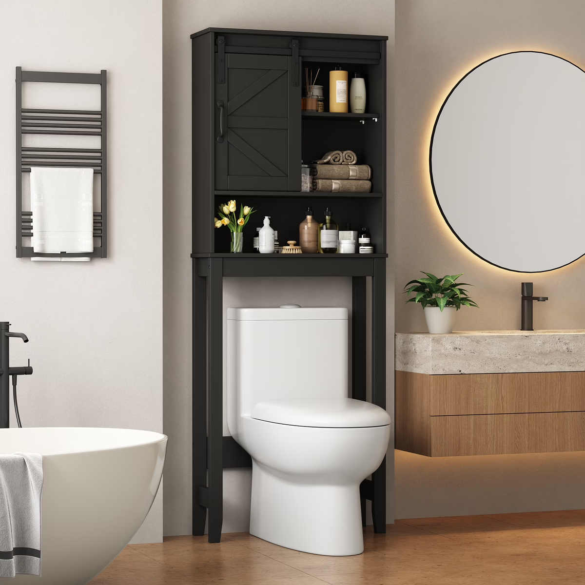 Over The Toilet Storage Cabinet Bathroom Shelves Organizer Space Saver Freestanding Bathroom Shelf with Doors Anti-Tip Device Adjustable Shelf(Black)
