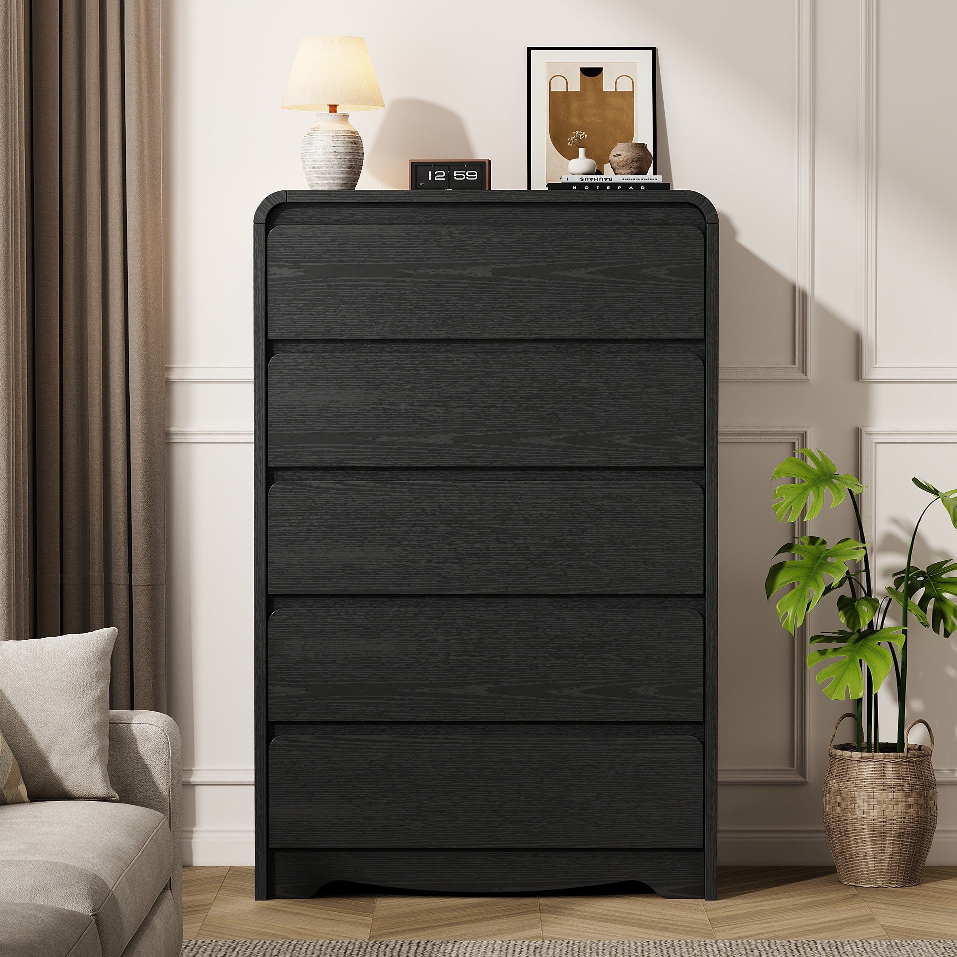 Modern 5 Drawers Dresser, 45.9" Tall Chests of Drawers with Curved Edge, Wood Closet Storage Organizer for Bedroom, Living Room, Hallway, Black