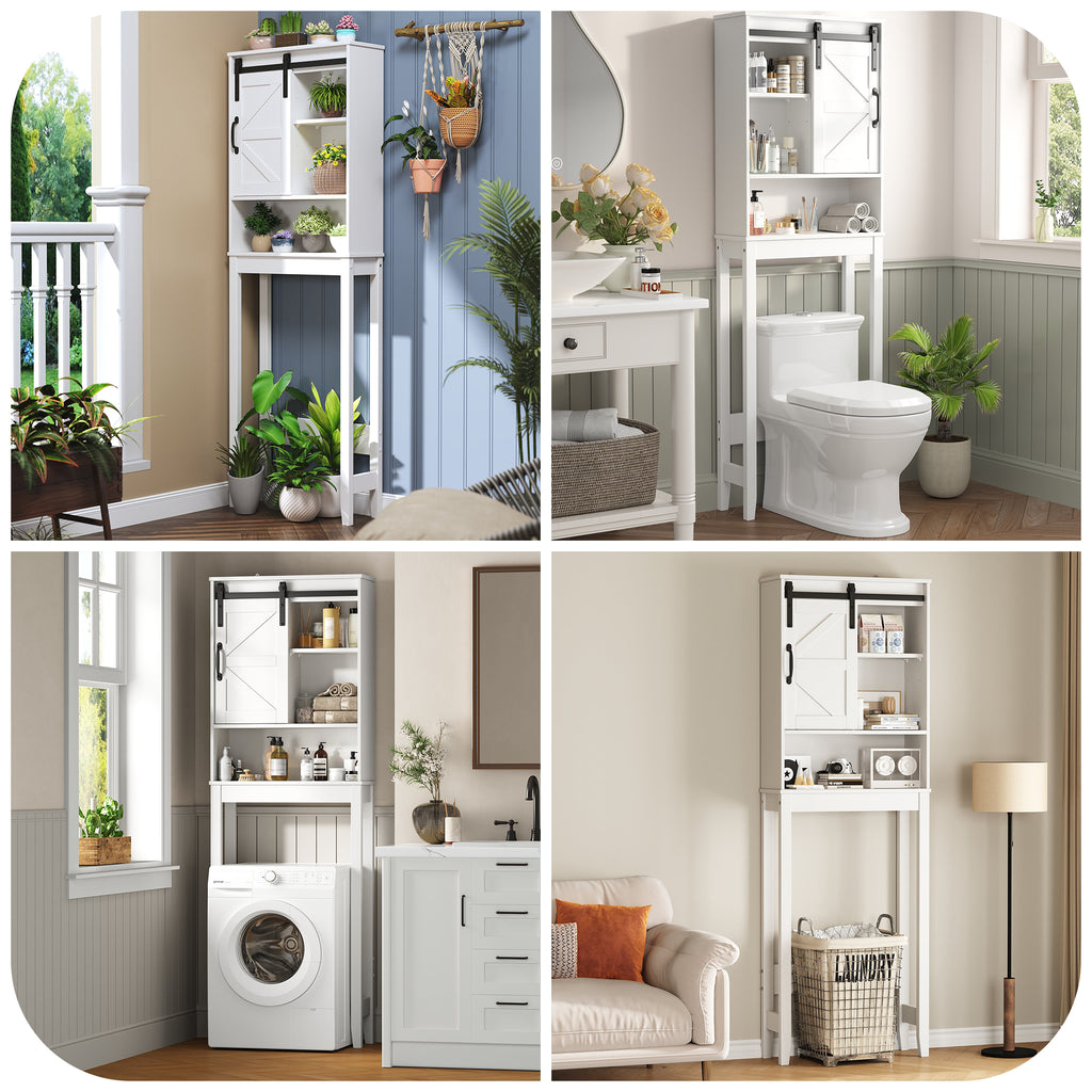 Over The Toilet Storage Cabinet Bathroom Shelves Organizer Space Saver Freestanding Bathroom Shelf with Doors Anti-Tip Device Adjustable Shelf(White)