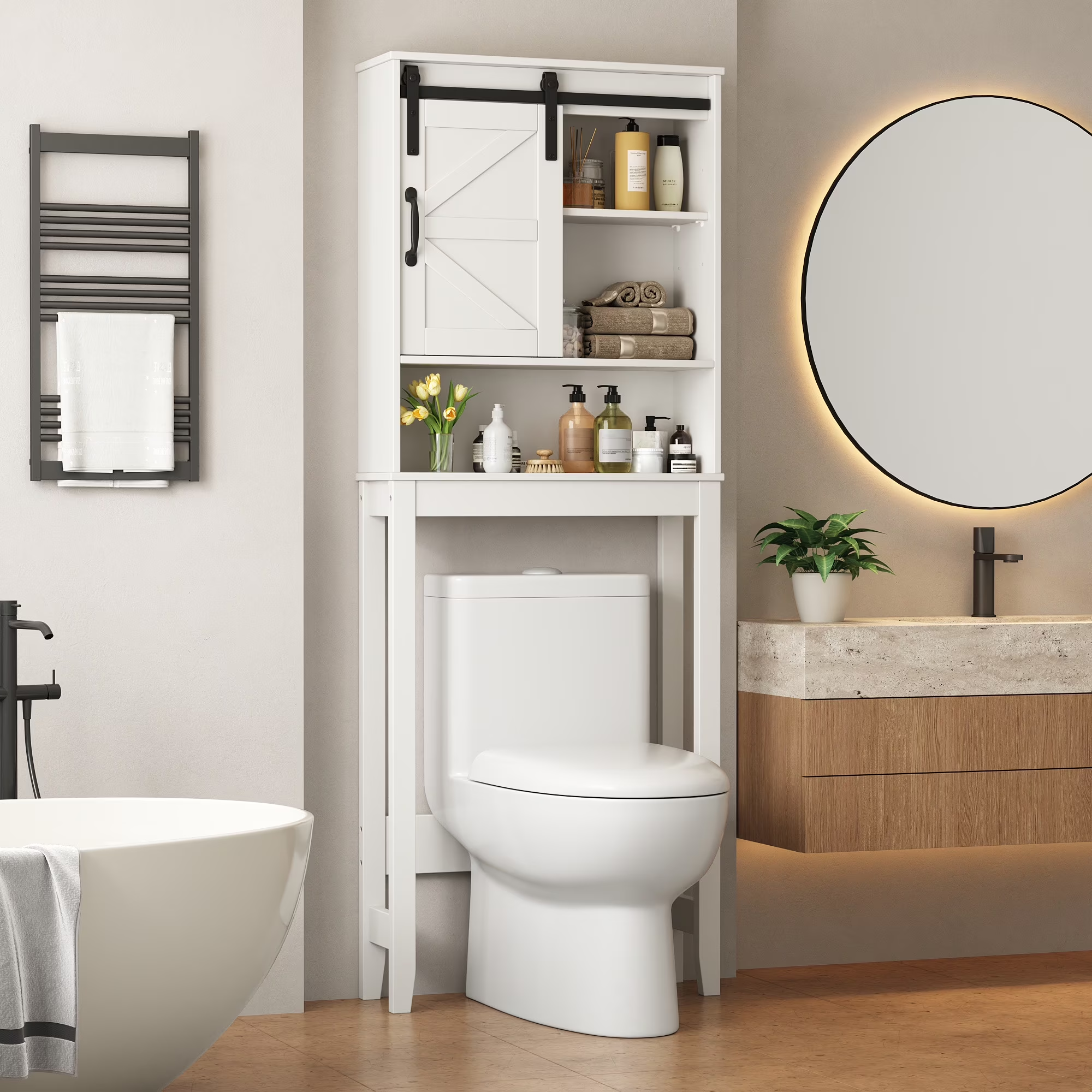 Over The Toilet Storage Cabinet Bathroom Shelves Organizer Space Saver Freestanding Bathroom Shelf with Doors Anti-Tip Device Adjustable Shelf(White)