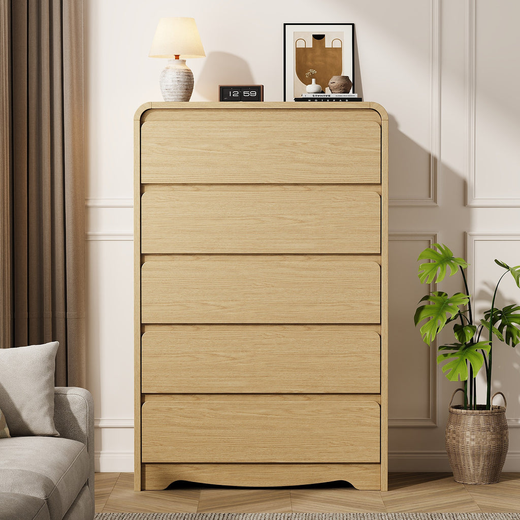 Modern 5 Drawers Dresser, 45.9" Tall Chests of Drawers with Curved Edge, Wood Closet Storage Organizer for Bedroom, Living Room, Hallway, Natural Oak