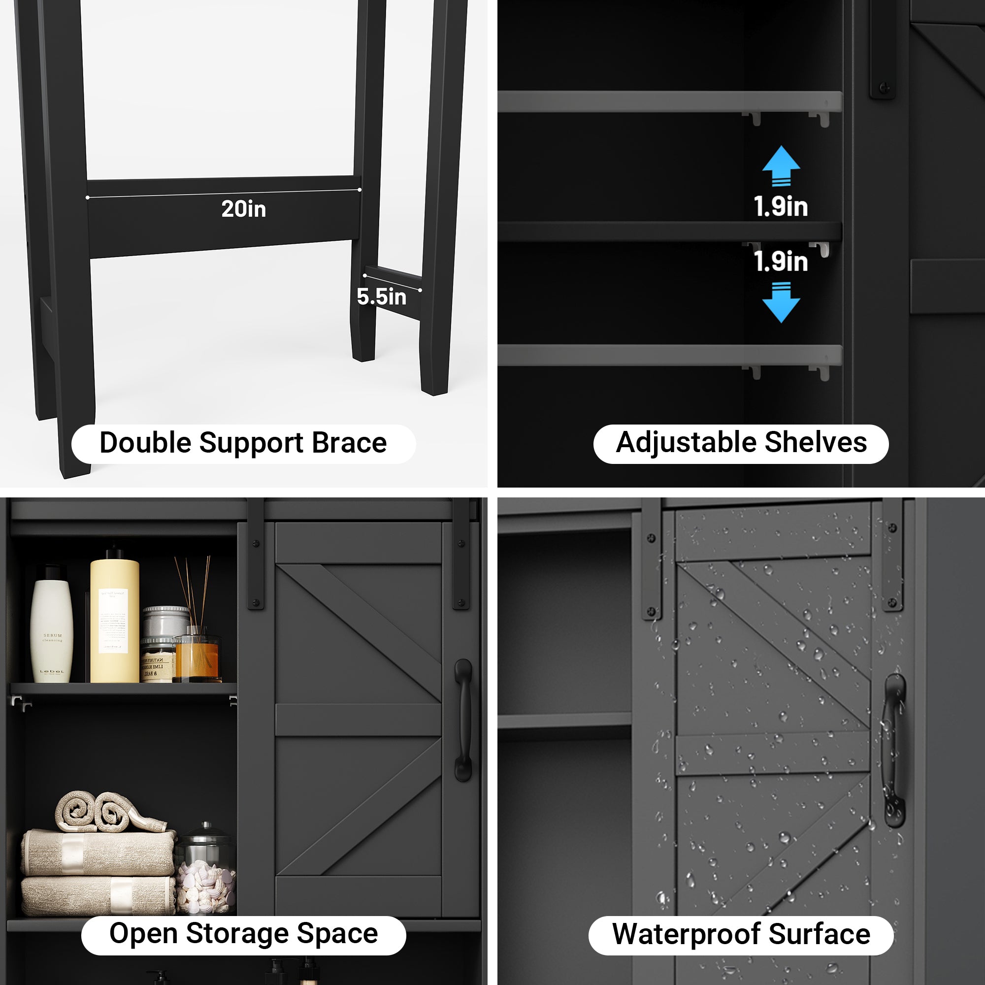 Over The Toilet Storage Cabinet Bathroom Shelves Organizer Space Saver Freestanding Bathroom Shelf with Doors Anti-Tip Device Adjustable Shelf(Black)