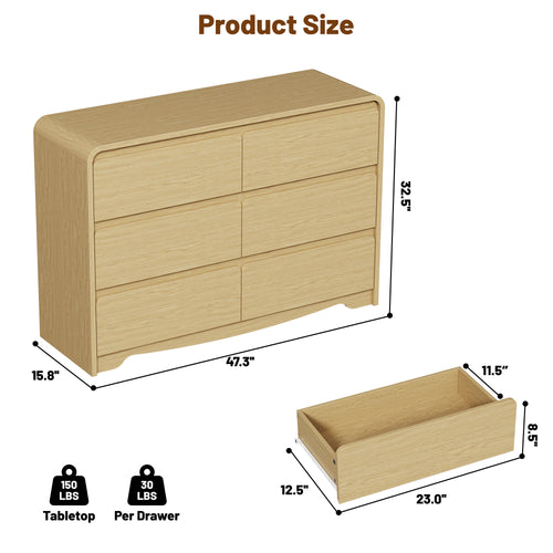 Modern 6 Drawers Dresser for Bedroom, 47.2" Wide Wood Dresser, Curved Dresser, Closet Storage Organize for Bedroom, Living Room, Hallway, Natural Oak