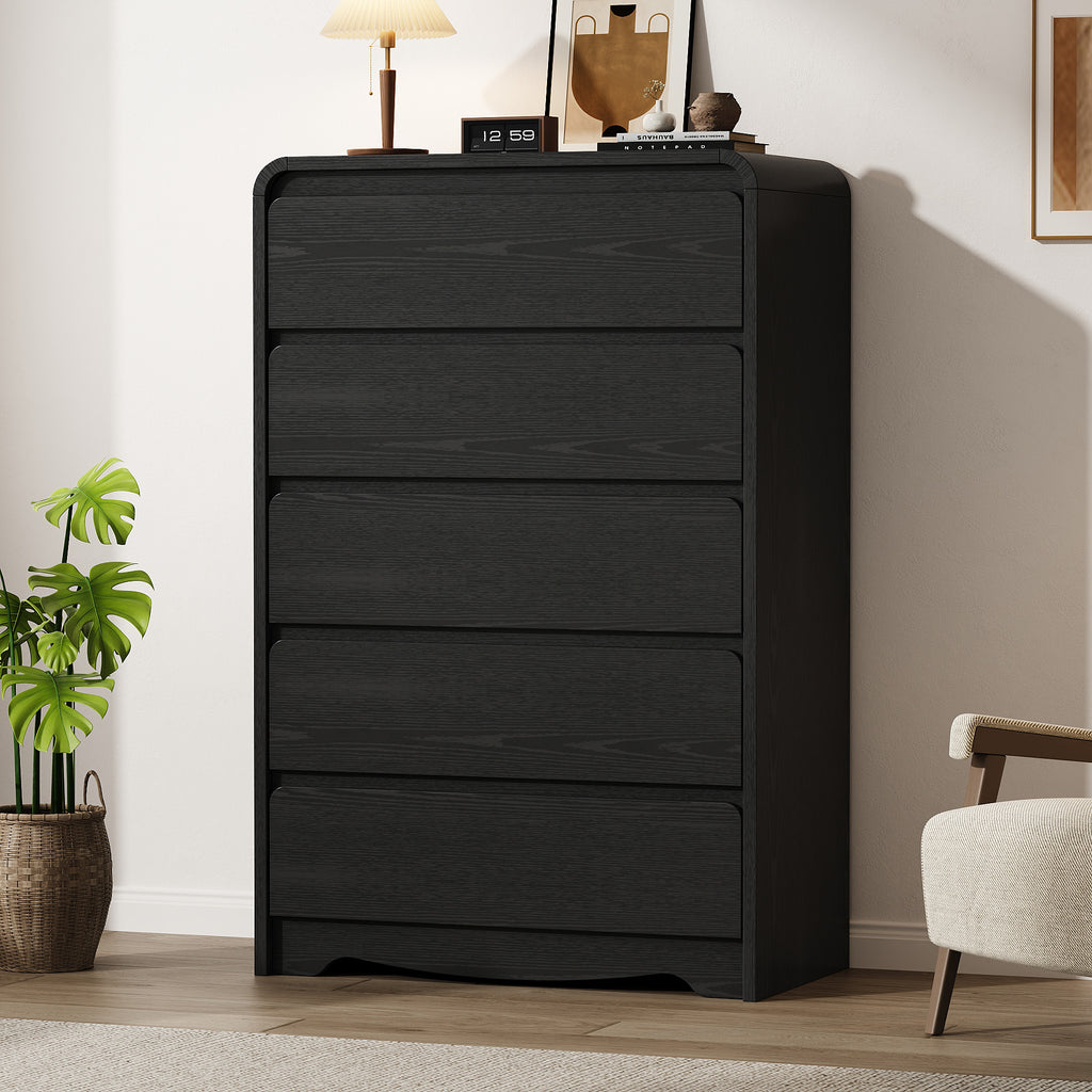 Modern 5 Drawers Dresser, 45.9" Tall Chests of Drawers with Curved Edge, Wood Closet Storage Organizer for Bedroom, Living Room, Hallway, Black