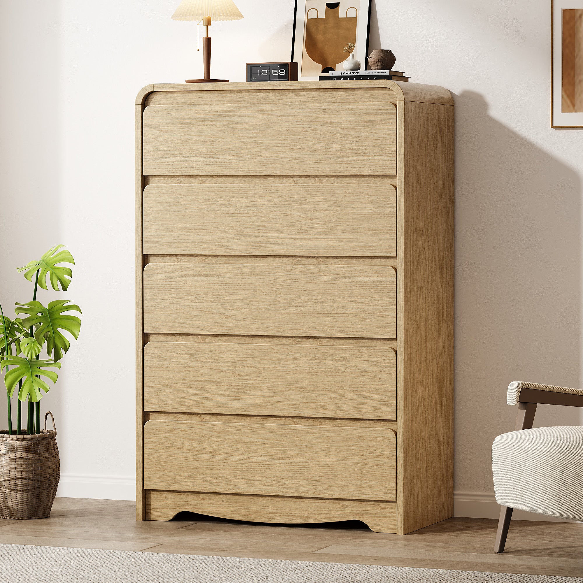 Modern 5 Drawers Dresser, 45.9" Tall Chests of Drawers with Curved Edge, Wood Closet Storage Organizer for Bedroom, Living Room, Hallway, Natural Oak