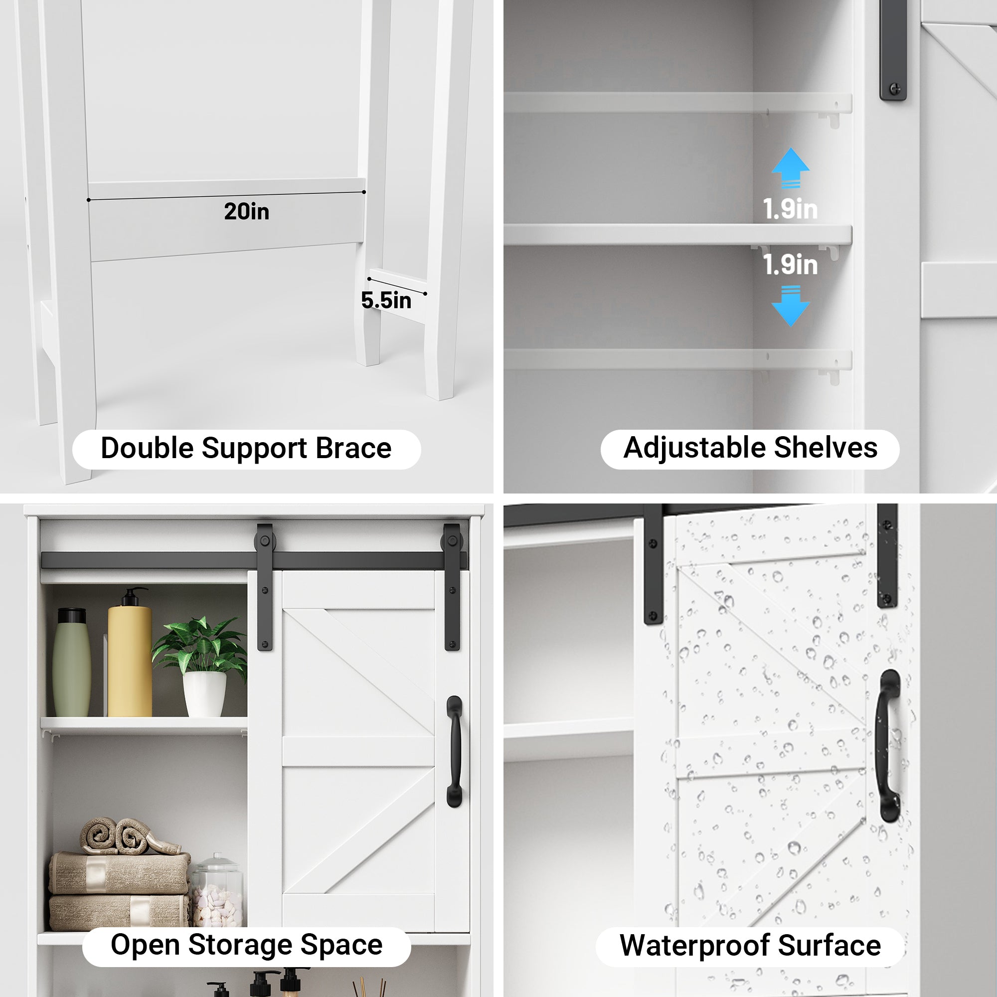 Over The Toilet Storage Cabinet Bathroom Shelves Organizer Space Saver Freestanding Bathroom Shelf with Doors Anti-Tip Device Adjustable Shelf(White)