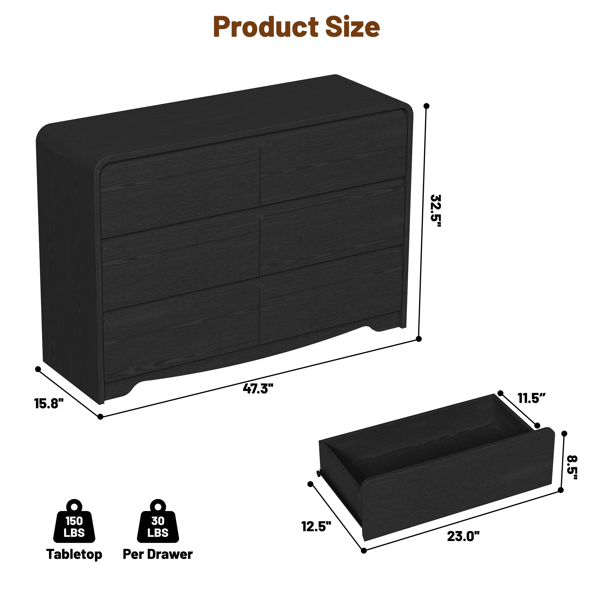 Modern 6 Drawers Dresser for Bedroom, 47.2" Wide Wood Dresser, Curved Dresser, Closet Storage Organize for Bedroom, Living Room, Hallway, Black
