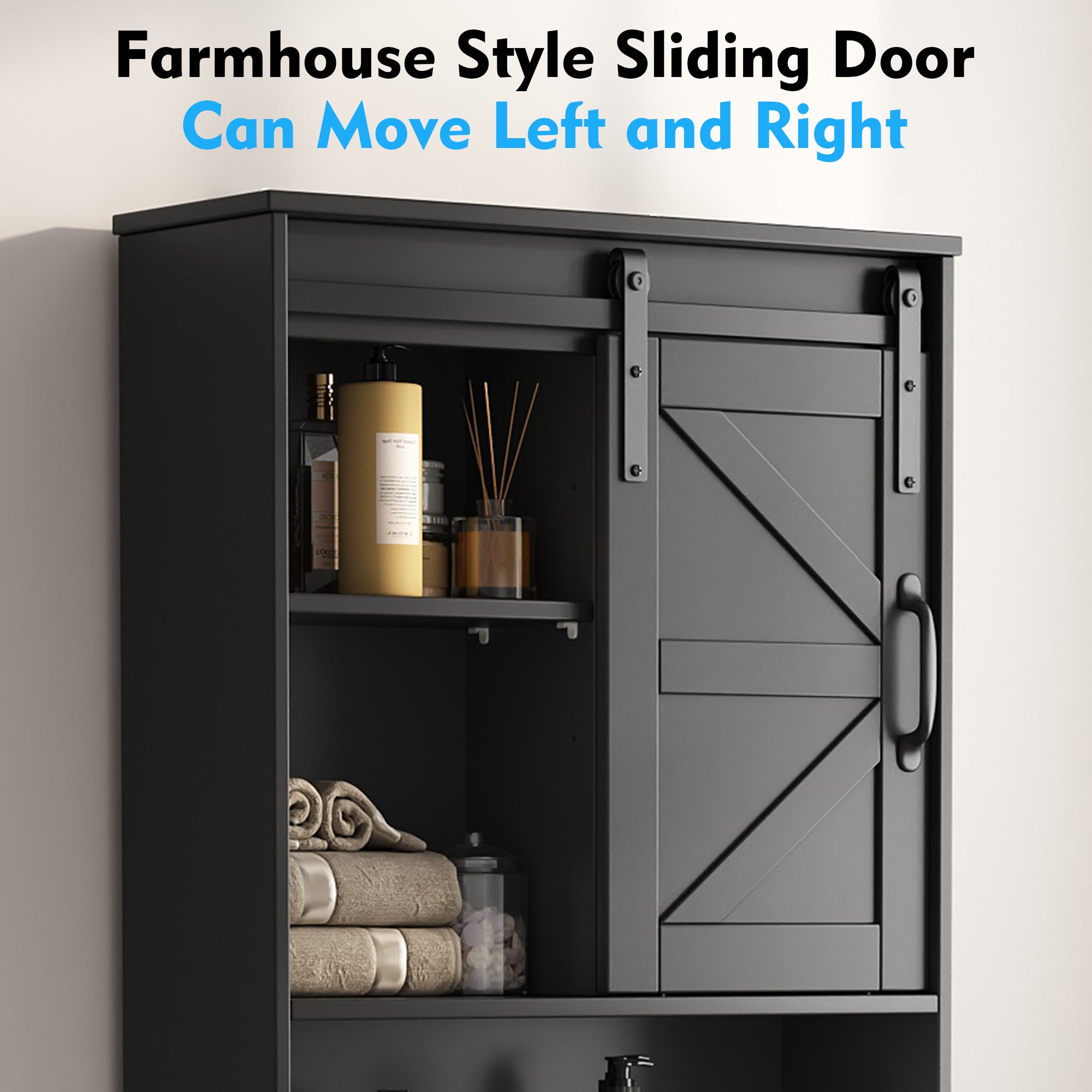 Over The Toilet Storage Cabinet Bathroom Shelves Organizer Space Saver Freestanding Bathroom Shelf with Doors Anti-Tip Device Adjustable Shelf(Black)