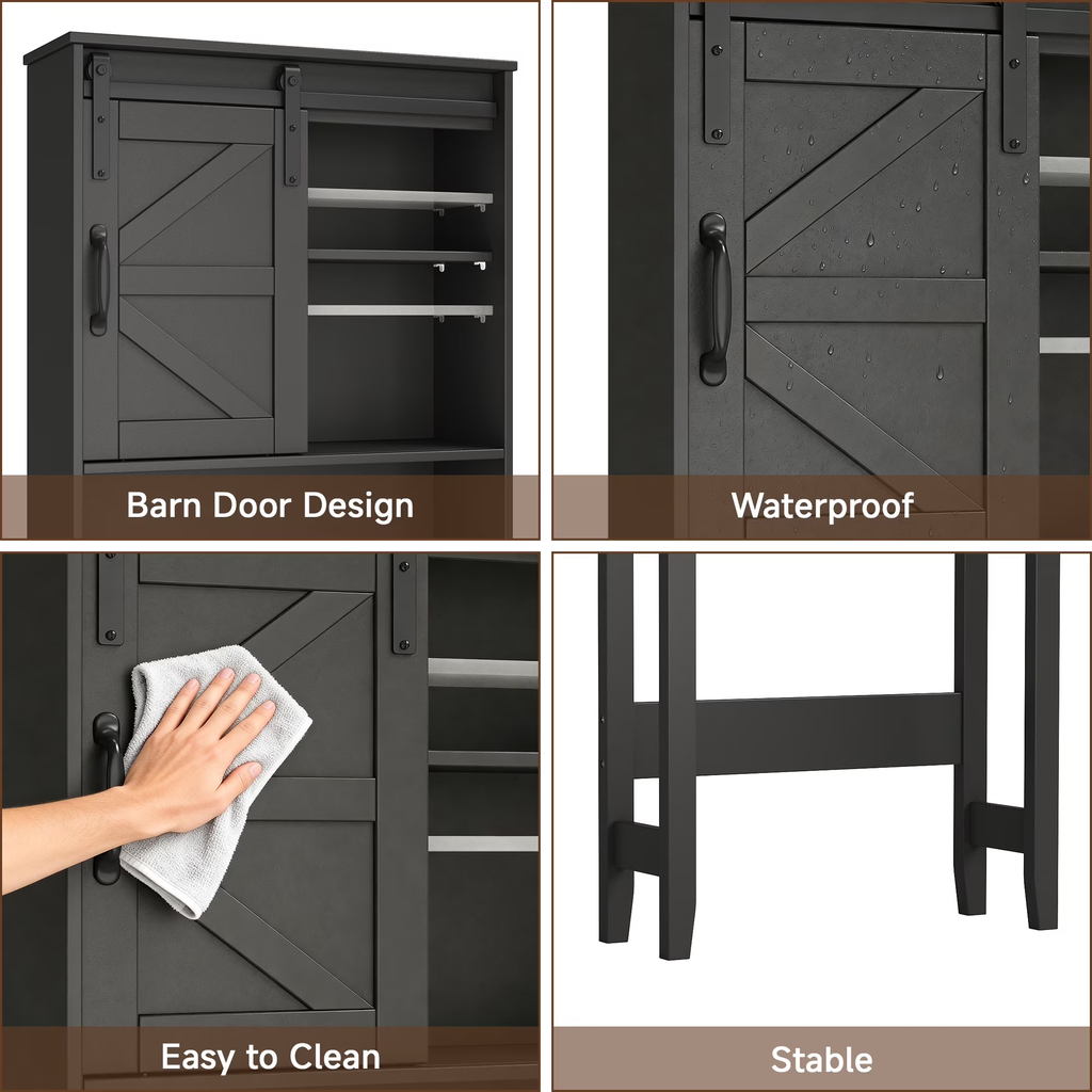 Over The Toilet Storage Cabinet Bathroom Shelves Organizer Space Saver Freestanding Bathroom Shelf with Doors Anti-Tip Device Adjustable Shelf(Black)