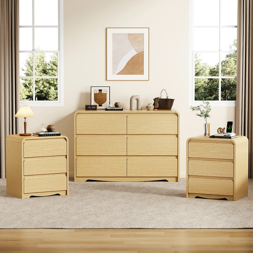3 Piece Dresser Nightstand Set, 6 Drawer Dresser & 3 Drawer Nightstands set of 2, Modern Bedroom Furniture Set for Living Room, Natural Oak