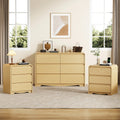 3 Piece Dresser Nightstand Set, 6 Drawer Dresser & 3 Drawer Nightstands set of 2, Modern Bedroom Furniture Set for Living Room, Natural Oak