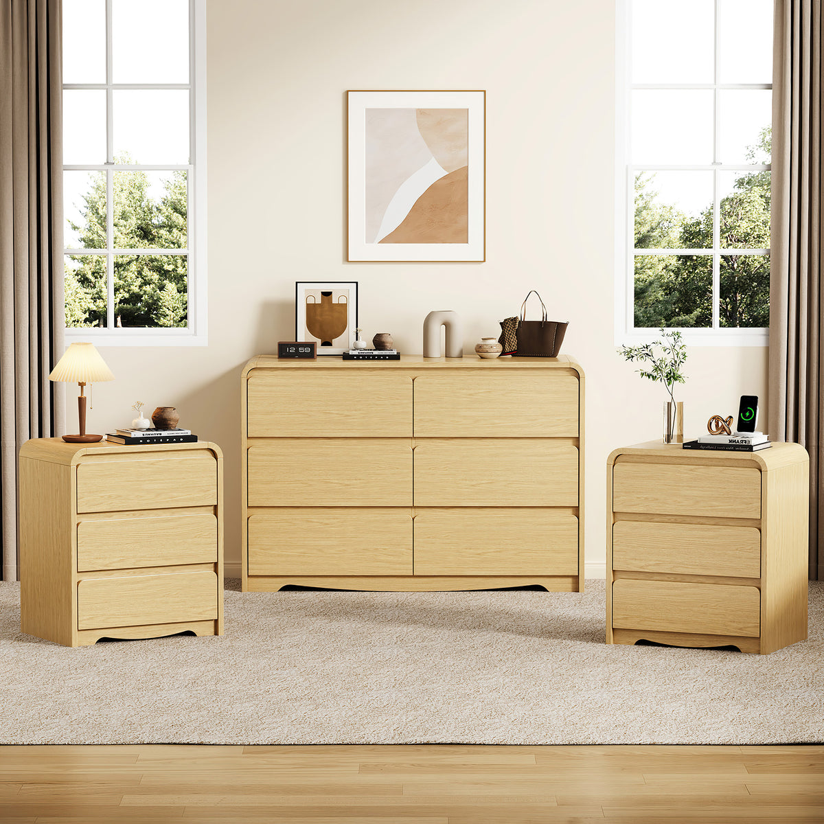 3 Piece Dresser Nightstand Set, 6 Drawer Dresser & 3 Drawer Nightstands set of 2, Modern Bedroom Furniture Set for Living Room, Natural Oak
