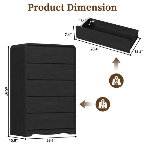 Modern 5 Drawers Dresser, 45.9" Tall Chests of Drawers with Curved Edge, Wood Closet Storage Organizer for Bedroom, Living Room, Hallway, Black