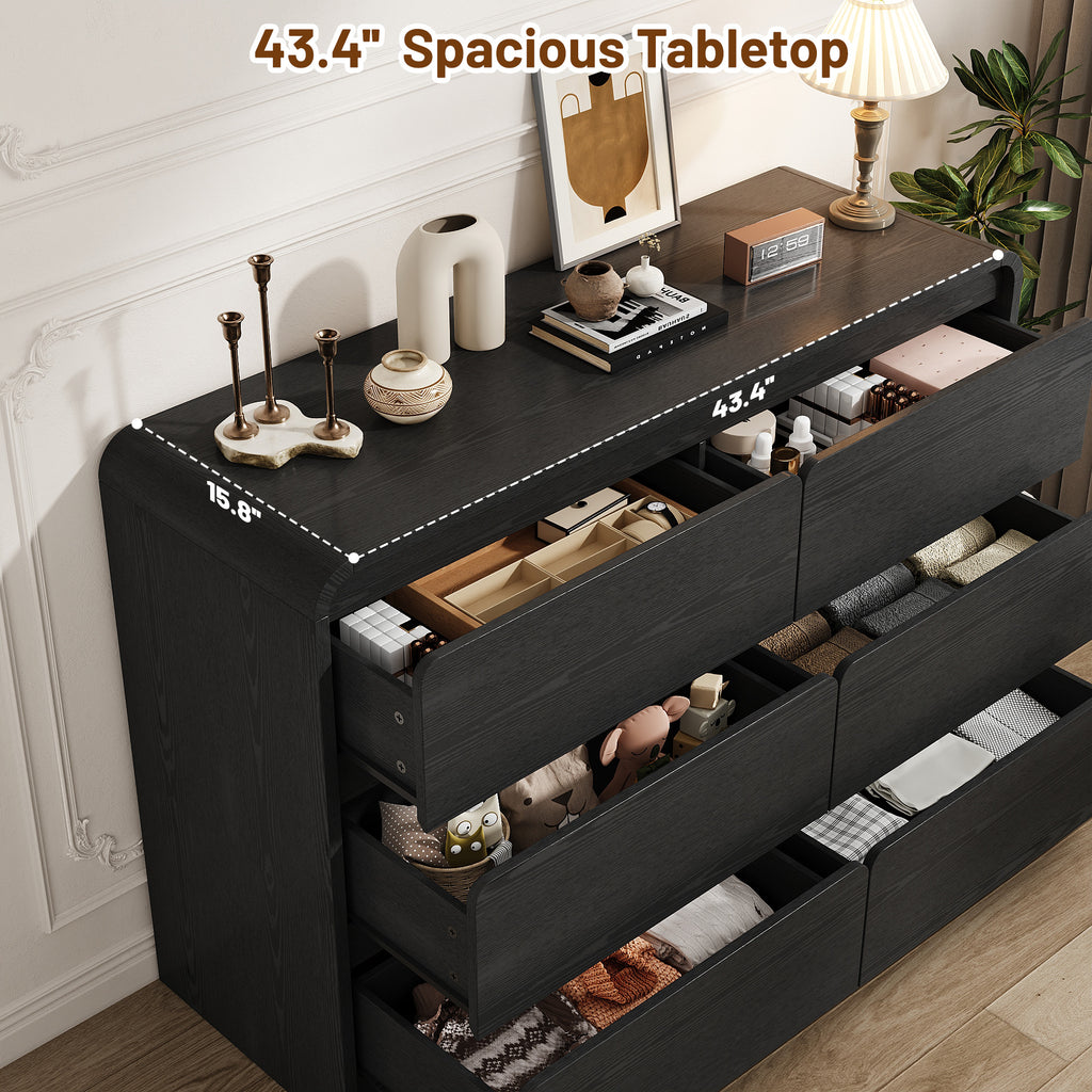 3 Piece Dresser Nightstand Set, 6 Drawer Dresser & 3 Drawer Nightstands set of 2, Modern Bedroom Furniture Set for Living Room, Black
