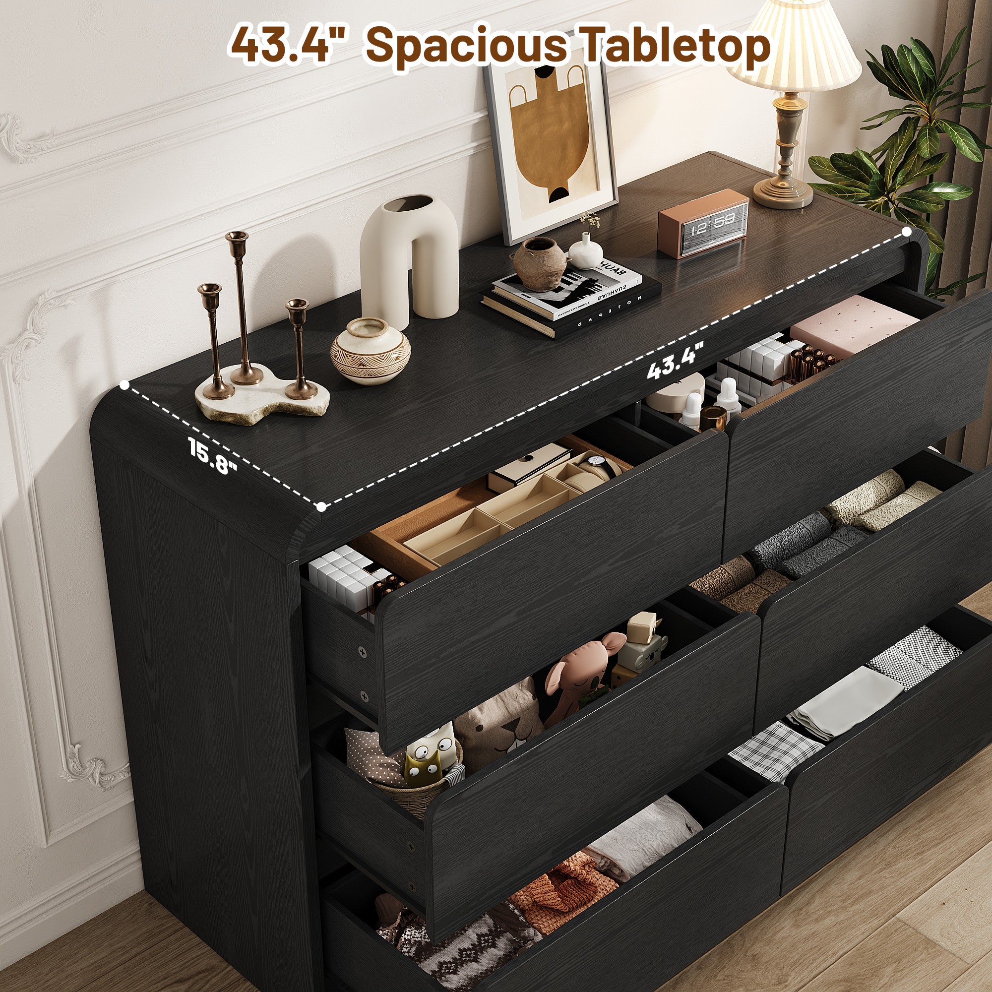 3 Piece Dresser Nightstand Set, 6 Drawer Dresser & 3 Drawer Nightstands set of 2, Modern Bedroom Furniture Set for Living Room, Black