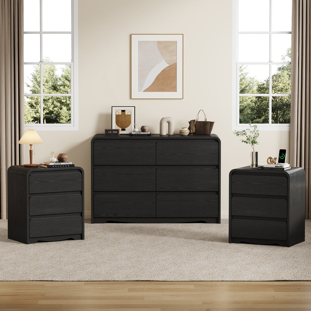 3 Piece Dresser Nightstand Set, 6 Drawer Dresser & 3 Drawer Nightstands set of 2, Modern Bedroom Furniture Set for Living Room, Black