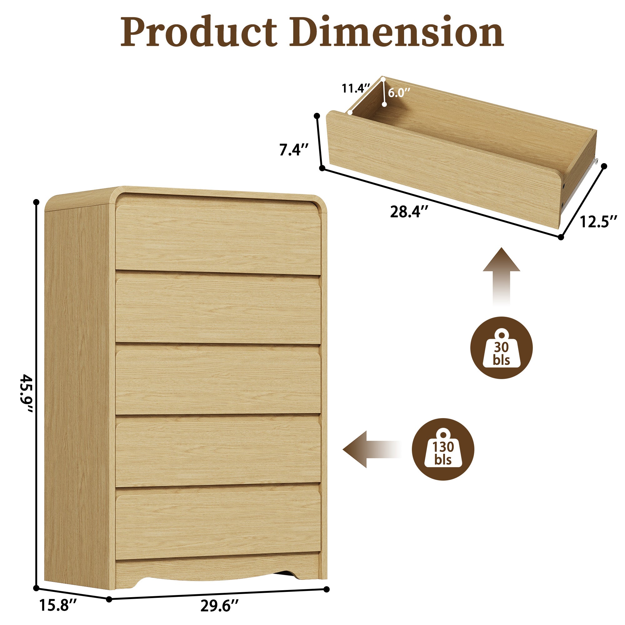 Modern 5 Drawers Dresser, 45.9" Tall Chests of Drawers with Curved Edge, Wood Closet Storage Organizer for Bedroom, Living Room, Hallway, Natural Oak