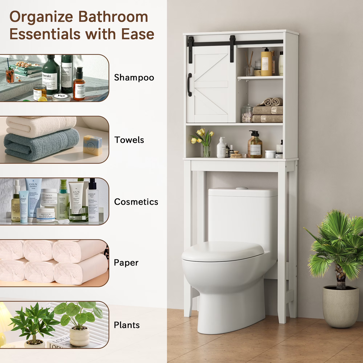 Over The Toilet Storage Cabinet Bathroom Shelves Organizer Space Saver Freestanding Bathroom Shelf with Doors Anti-Tip Device Adjustable Shelf(White)