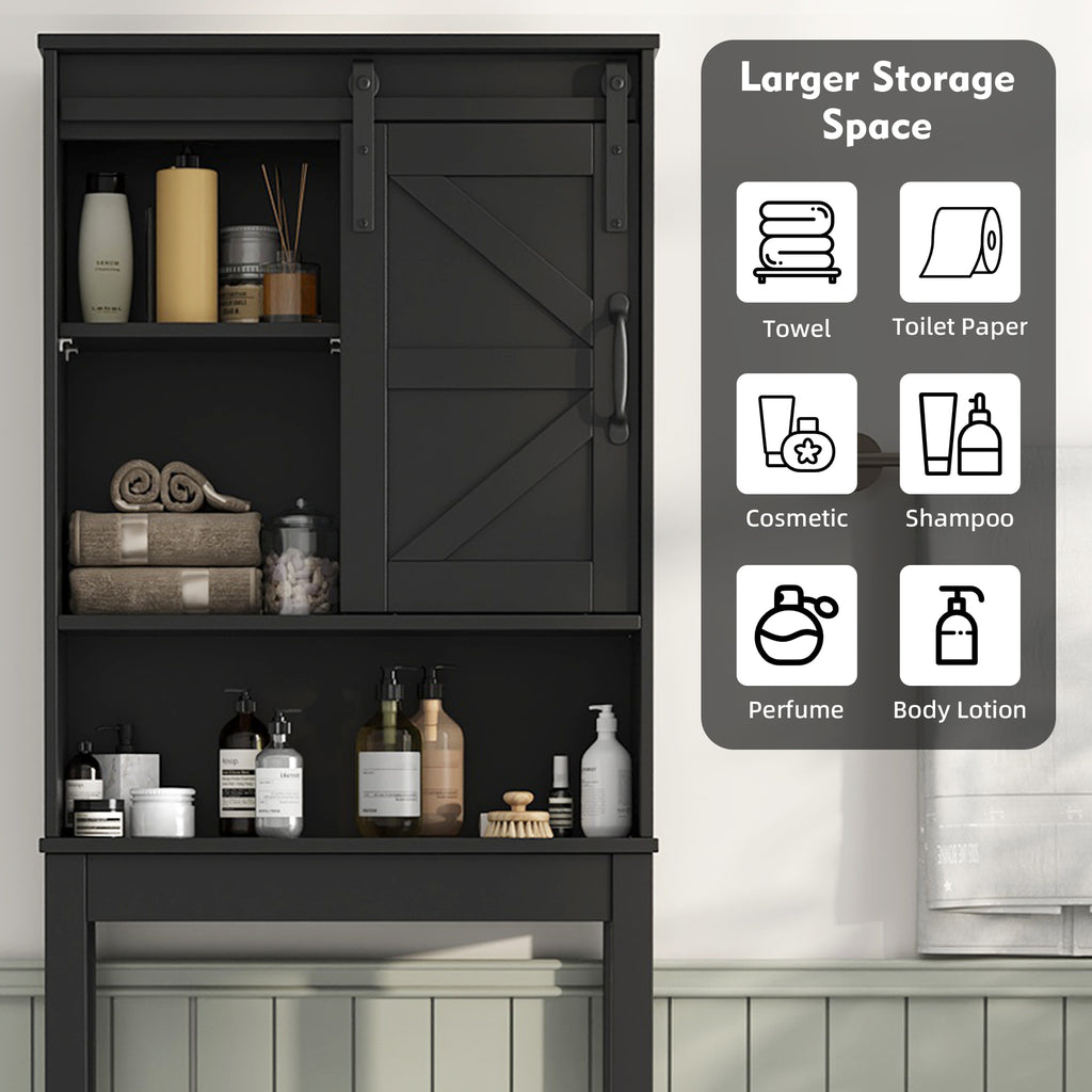 Over The Toilet Storage Cabinet Bathroom Shelves Organizer Space Saver Freestanding Bathroom Shelf with Doors Anti-Tip Device Adjustable Shelf(Black)