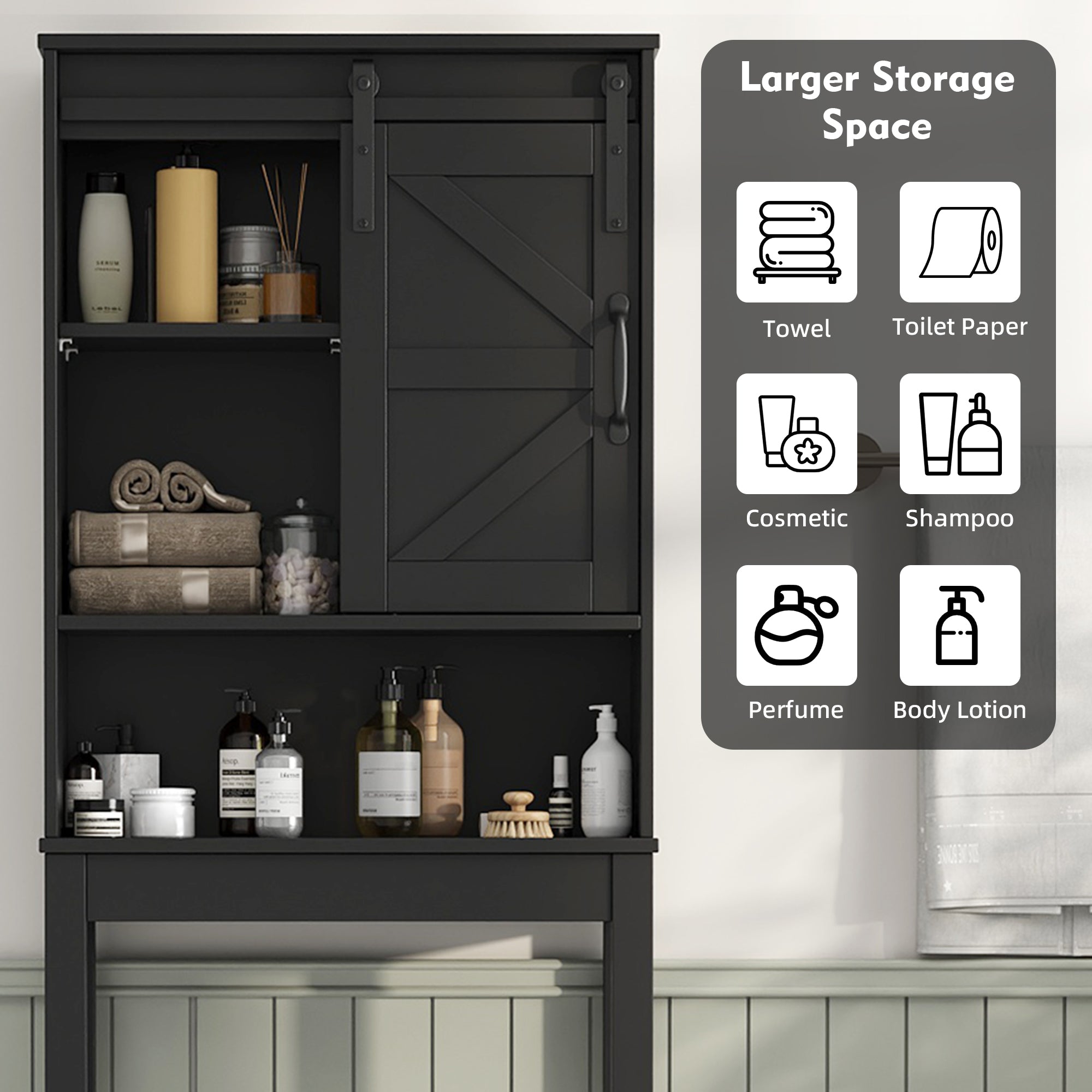 Over The Toilet Storage Cabinet Bathroom Shelves Organizer Space Saver Freestanding Bathroom Shelf with Doors Anti-Tip Device Adjustable Shelf(Black)