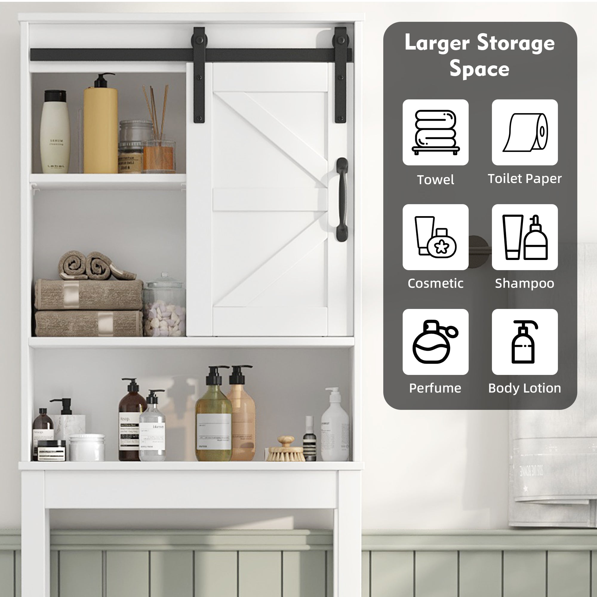 Over The Toilet Storage Cabinet Bathroom Shelves Organizer Space Saver Freestanding Bathroom Shelf with Doors Anti-Tip Device Adjustable Shelf(White)