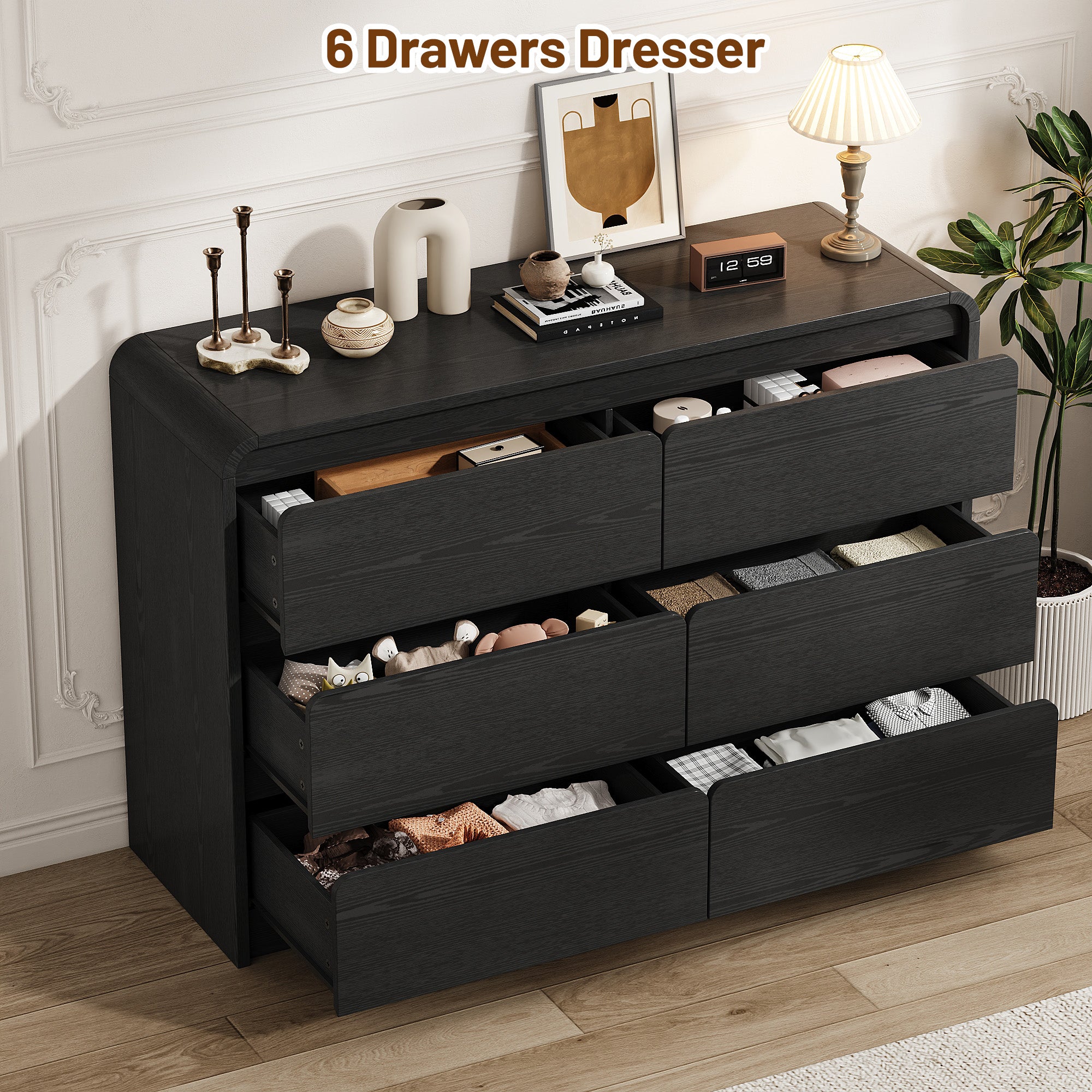 Modern 6 Drawers Dresser for Bedroom, 47.2" Wide Wood Dresser, Curved Dresser, Closet Storage Organize for Bedroom, Living Room, Hallway, Black