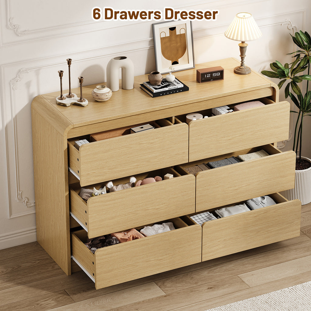Modern 6 Drawers Dresser for Bedroom, 47.2" Wide Wood Dresser, Curved Dresser, Closet Storage Organize for Bedroom, Living Room, Hallway, Natural Oak
