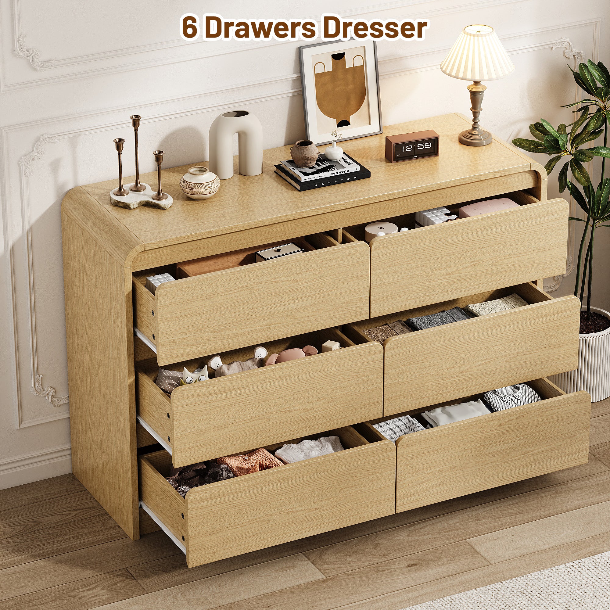 Modern 6 Drawers Dresser for Bedroom, 47.2" Wide Wood Dresser, Curved Dresser, Closet Storage Organize for Bedroom, Living Room, Hallway, Natural Oak