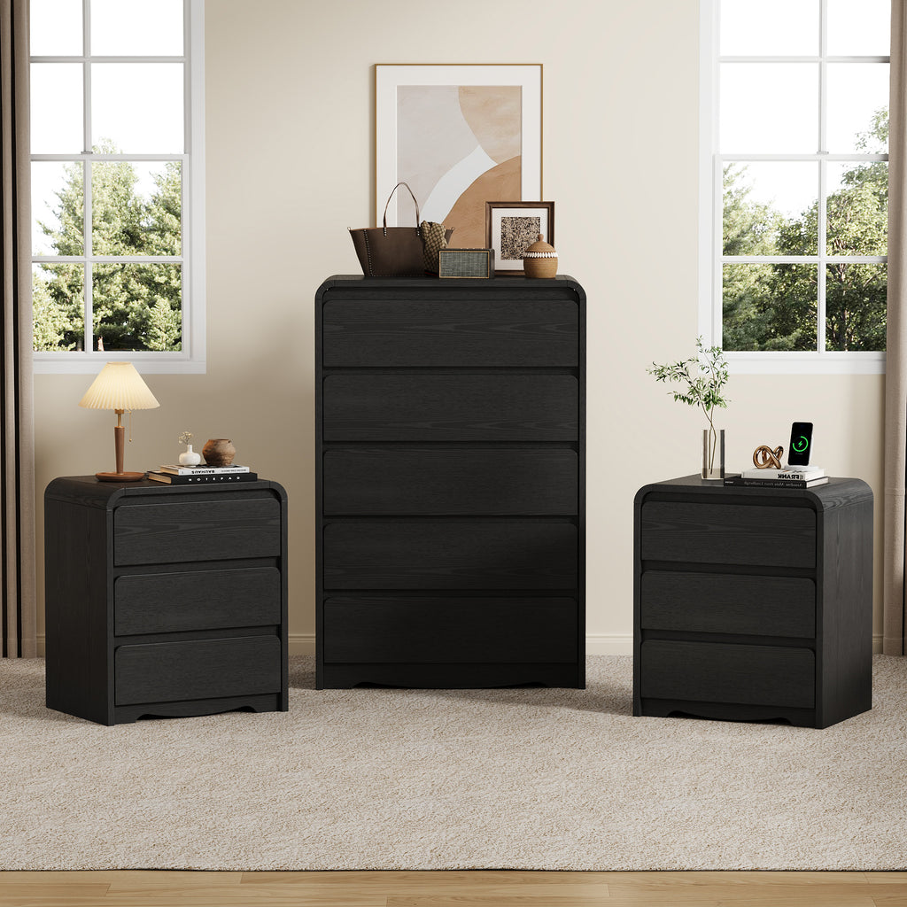 3 Piece Dresser Nightstand Set, 5 Drawer Dresser & 3 Drawer Nightstands set of 2, Modern Bedroom Furniture Set for Living Room, Black