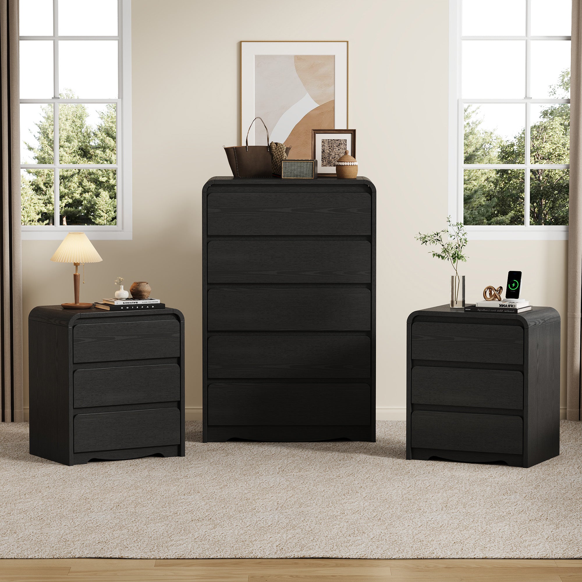 3 Piece Dresser Nightstand Set, 5 Drawer Dresser & 3 Drawer Nightstands set of 2, Modern Bedroom Furniture Set for Living Room, Black