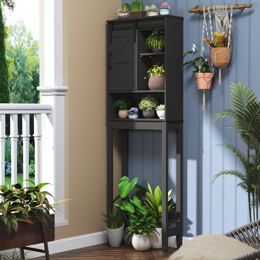 Over The Toilet Storage Cabinet Bathroom Shelves Organizer Space Saver Freestanding Bathroom Shelf with Doors Anti-Tip Device Adjustable Shelf(Black)
