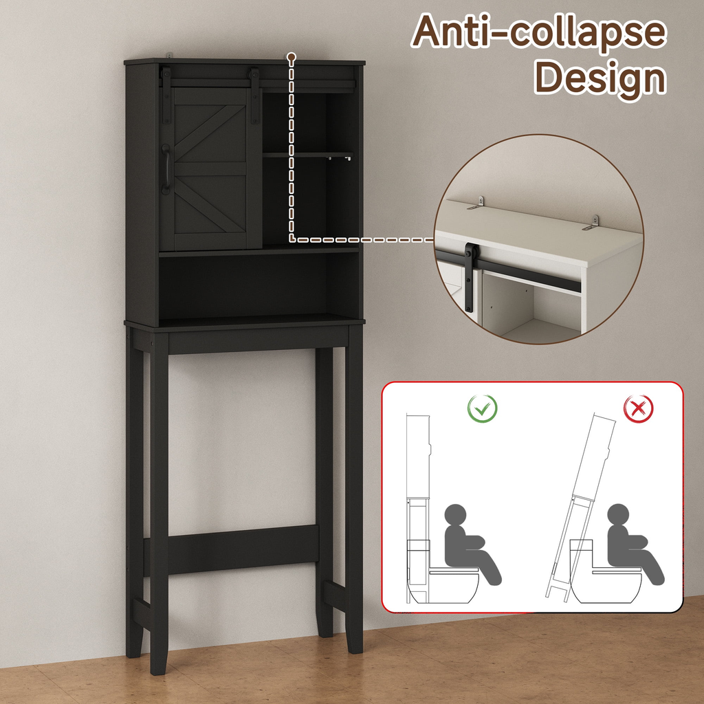 Over The Toilet Storage Cabinet Bathroom Shelves Organizer Space Saver Freestanding Bathroom Shelf with Doors Anti-Tip Device Adjustable Shelf(Black)