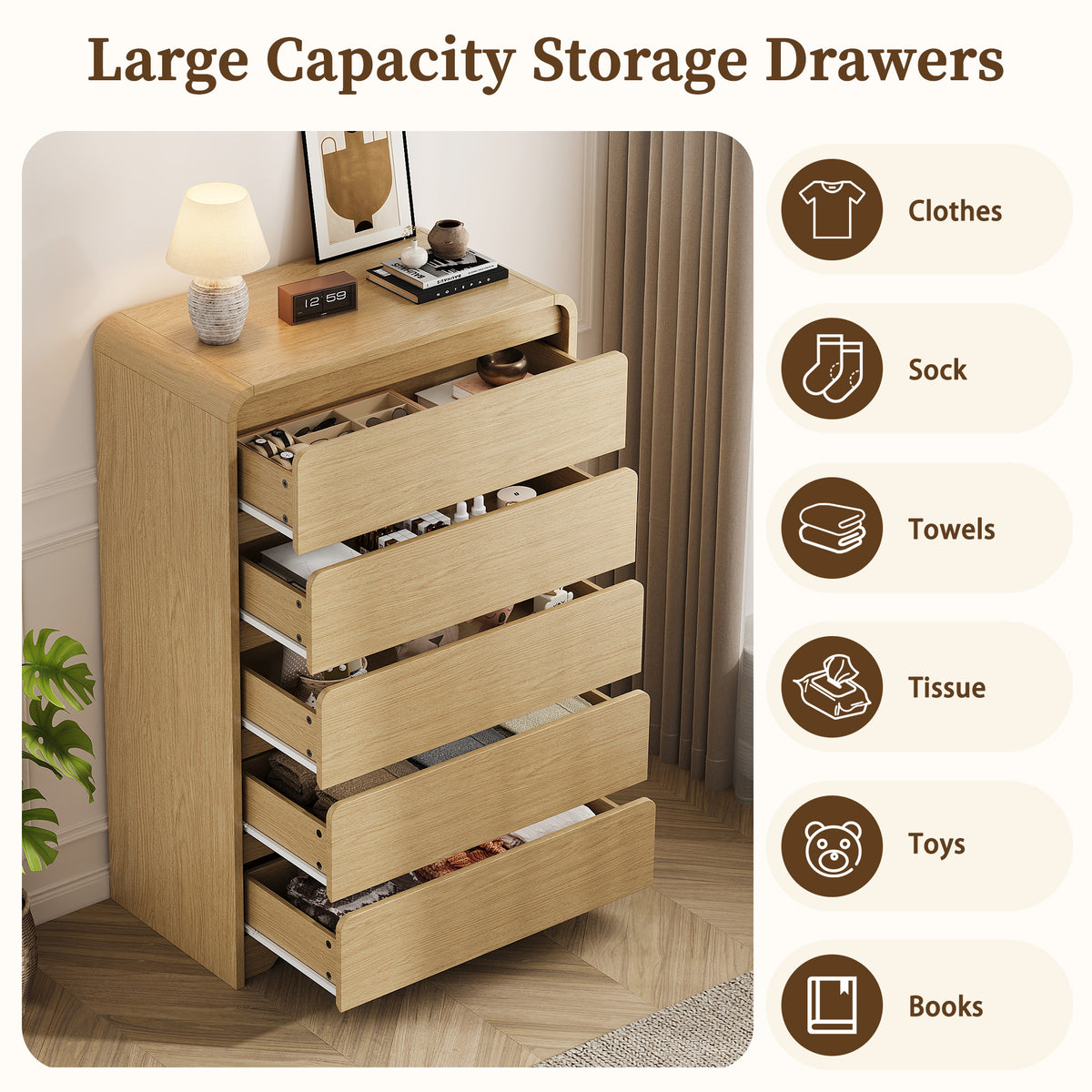 3 Piece Dresser Nightstand Set, 5 Drawer Dresser & 3 Drawer Nightstands set of 2, Modern Bedroom Furniture Set for Living Room, Natural Oak