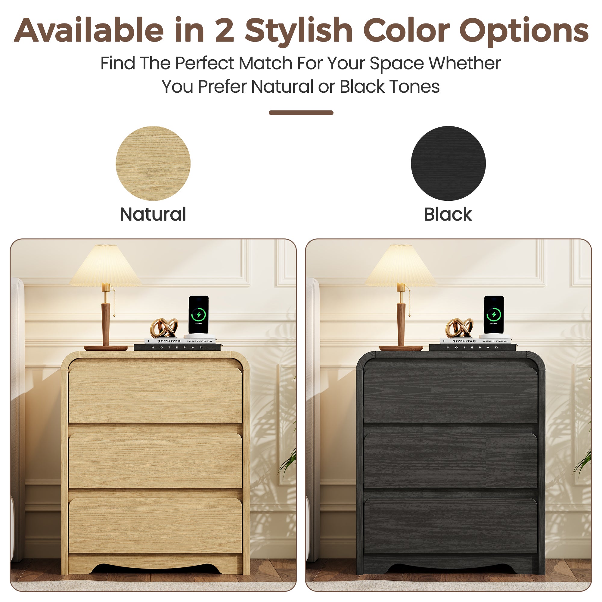 OJMX Bedroom Sets of 4, 6 Drawer Dresser & 5 Drawer Tall Dresser and 3 Drawer Nightstands Set of 2 with Charging Station, 4 Piece Wood Bedroom Dresser Sets, Natural