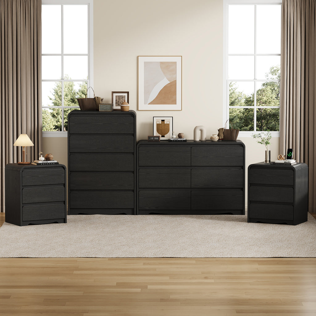 OJMX Bedroom Sets of 4, 6 Drawer Dresser & 5 Drawer Tall Dresser and 3 Drawer Nightstands Set of 2 with Charging Station, 4 Piece Wood Bedroom Dresser Sets, Black