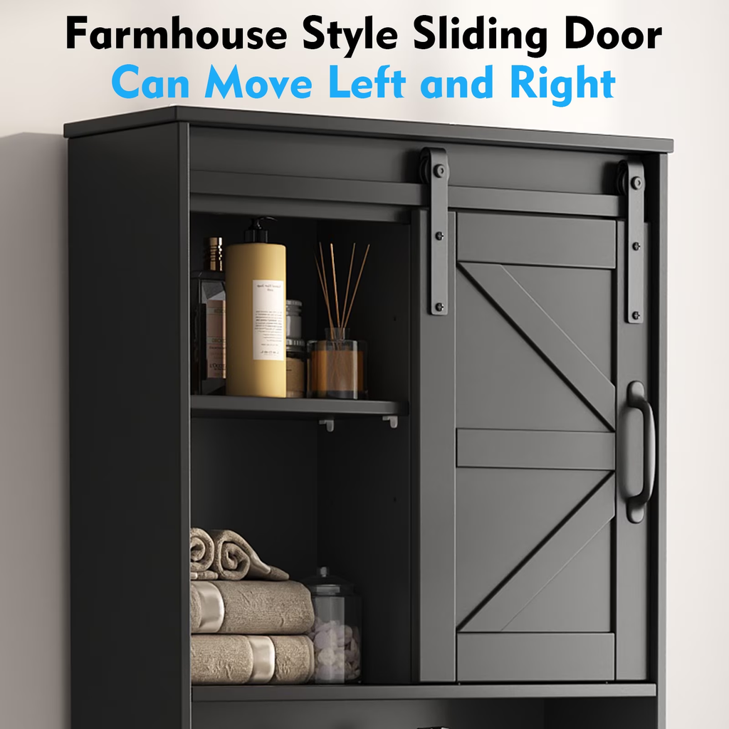 Over The Toilet Storage Cabinet Bathroom Shelves Organizer Space Saver Freestanding Bathroom Shelf with Doors Anti-Tip Device Adjustable Shelf(Black)