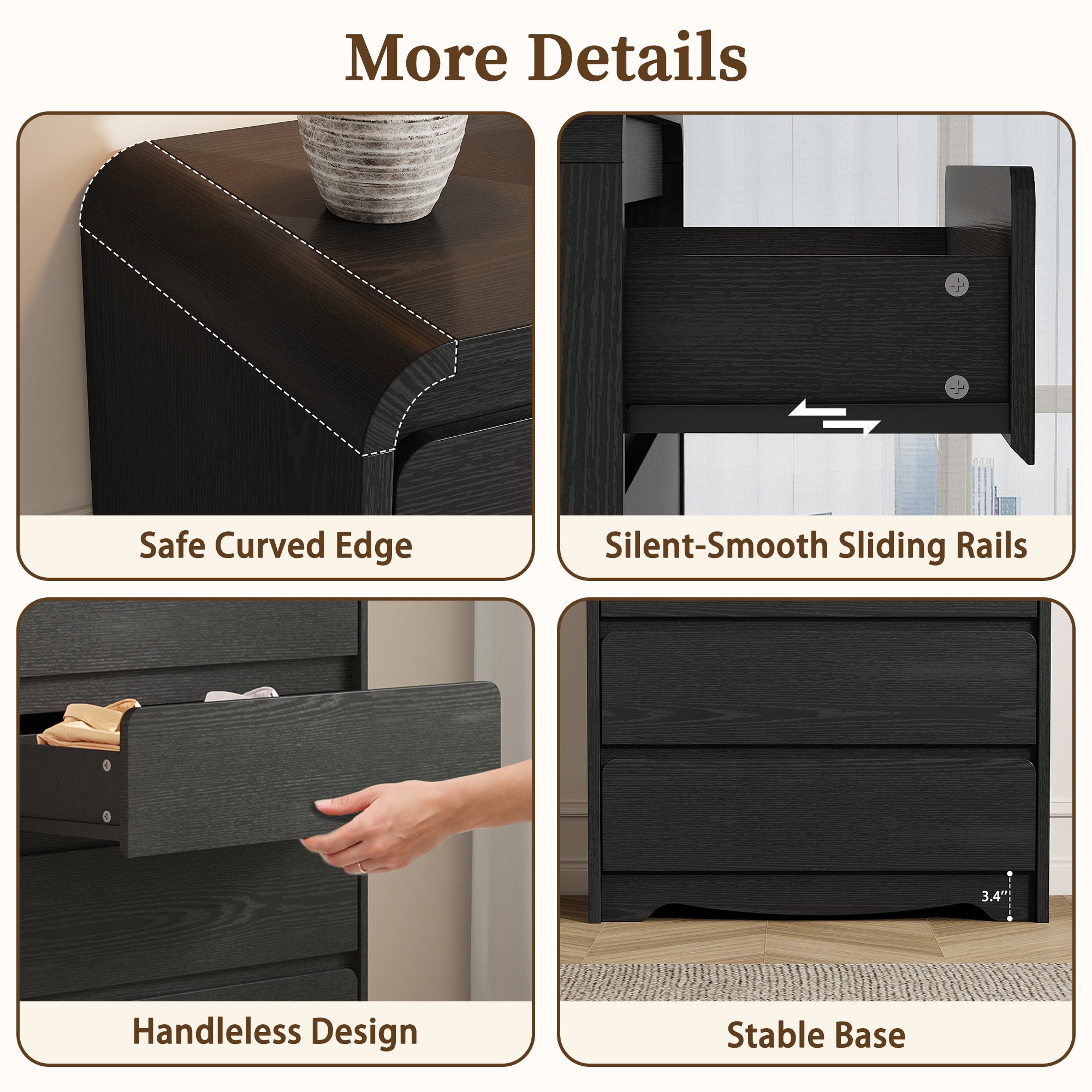 3 Piece Dresser Nightstand Set, 5 Drawer Dresser & 3 Drawer Nightstands set of 2, Modern Bedroom Furniture Set for Living Room, Black