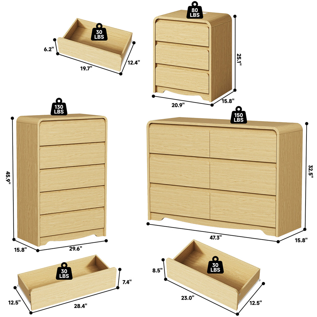 OJMX Bedroom Sets of 4, 6 Drawer Dresser & 5 Drawer Tall Dresser and 3 Drawer Nightstands Set of 2 with Charging Station, 4 Piece Wood Bedroom Dresser Sets, Natural