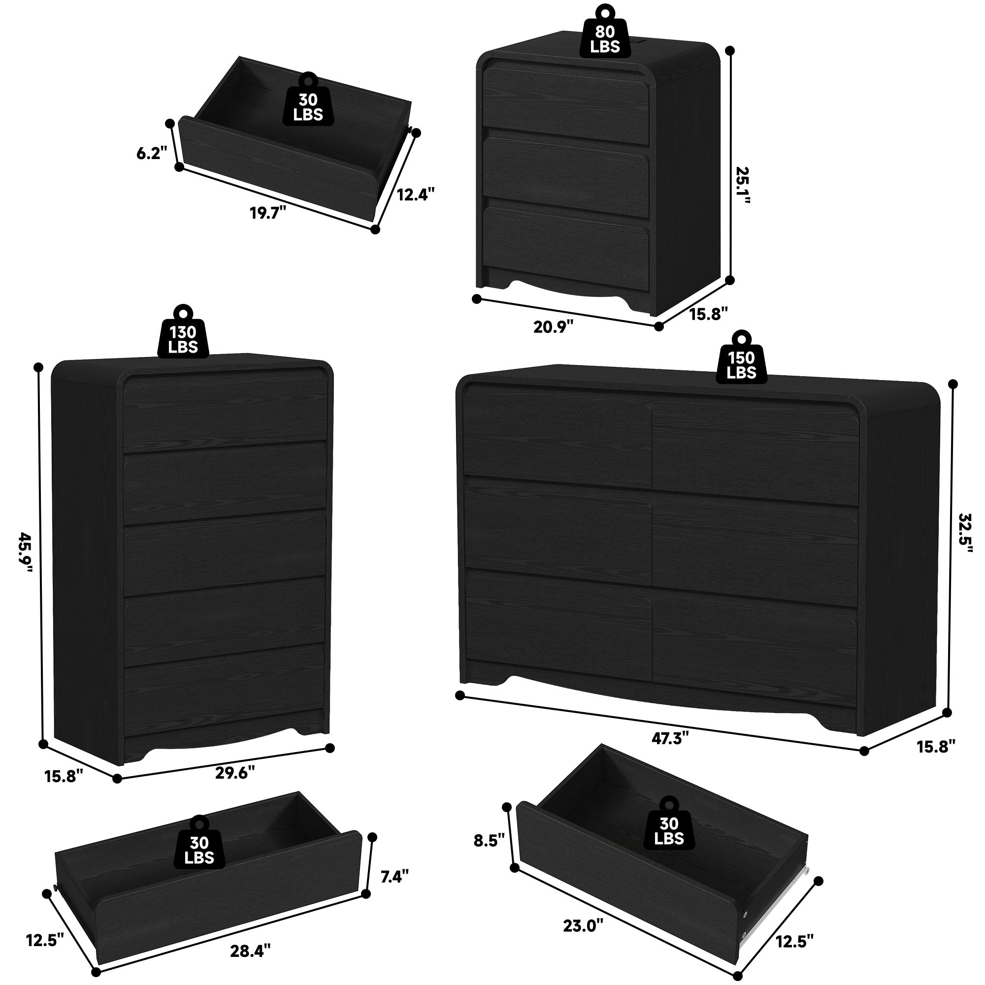 OJMX Bedroom Sets of 4, 6 Drawer Dresser & 5 Drawer Tall Dresser and 3 Drawer Nightstands Set of 2 with Charging Station, 4 Piece Wood Bedroom Dresser Sets, Black