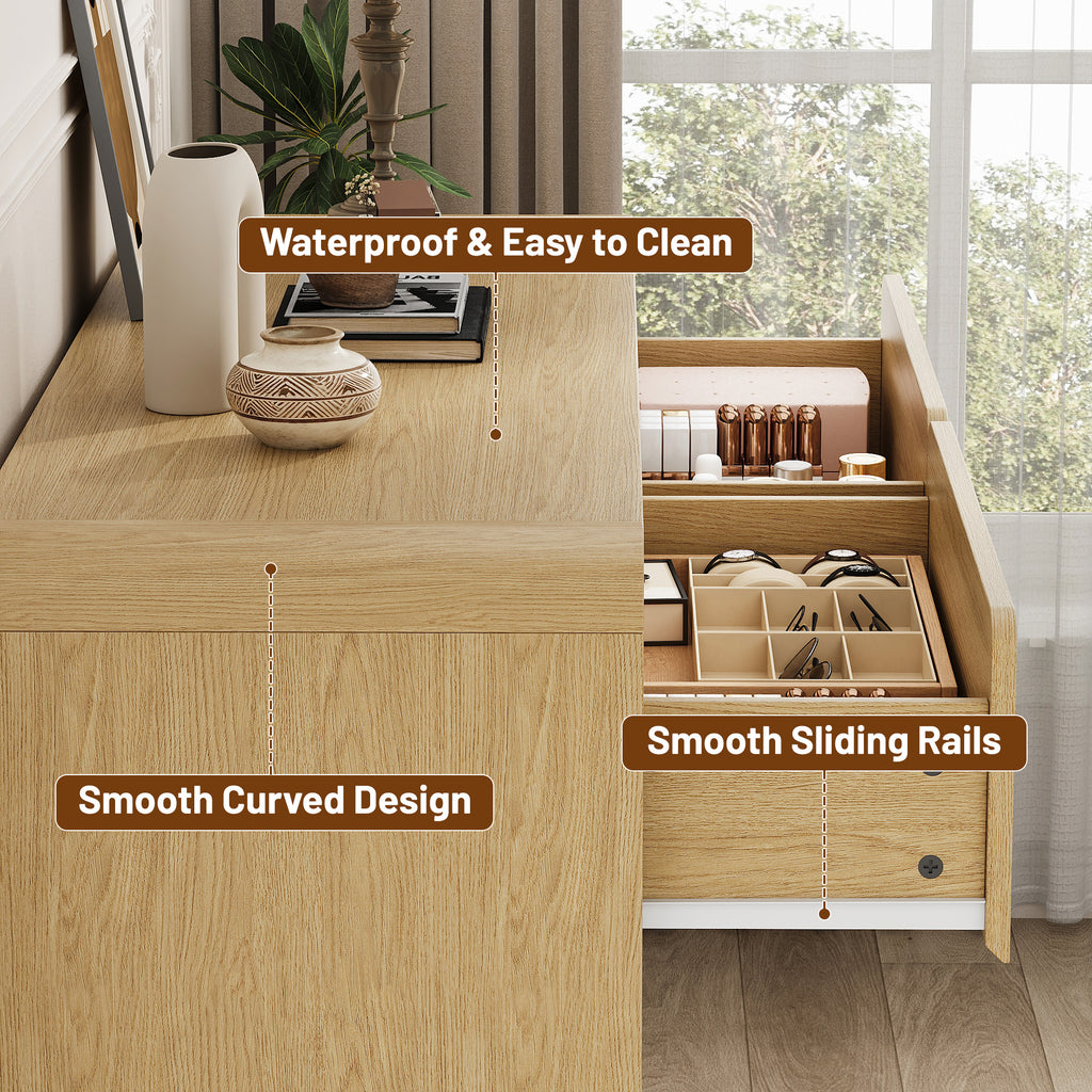 3 Piece Dresser Nightstand Set, 6 Drawer Dresser & 3 Drawer Nightstands set of 2, Modern Bedroom Furniture Set for Living Room, Natural Oak
