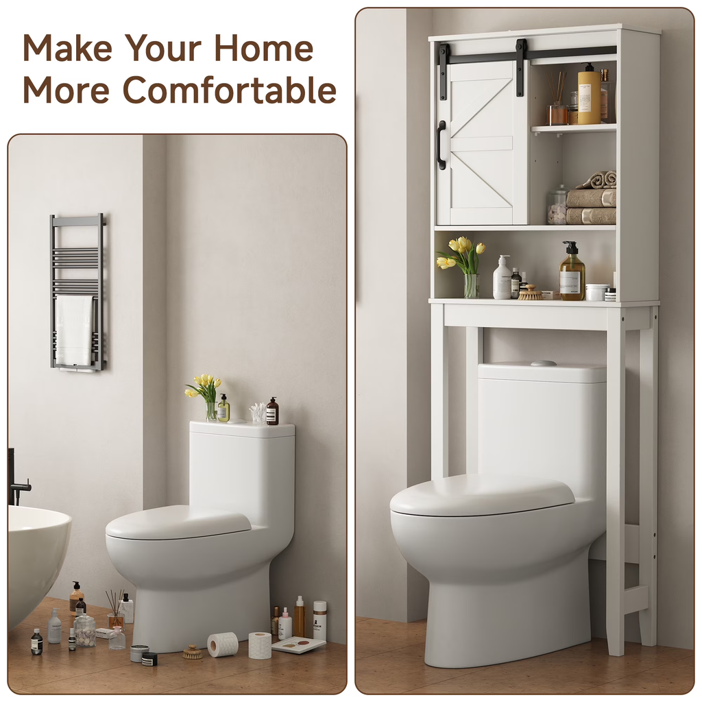 Over The Toilet Storage Cabinet Bathroom Shelves Organizer Space Saver Freestanding Bathroom Shelf with Doors Anti-Tip Device Adjustable Shelf(White)